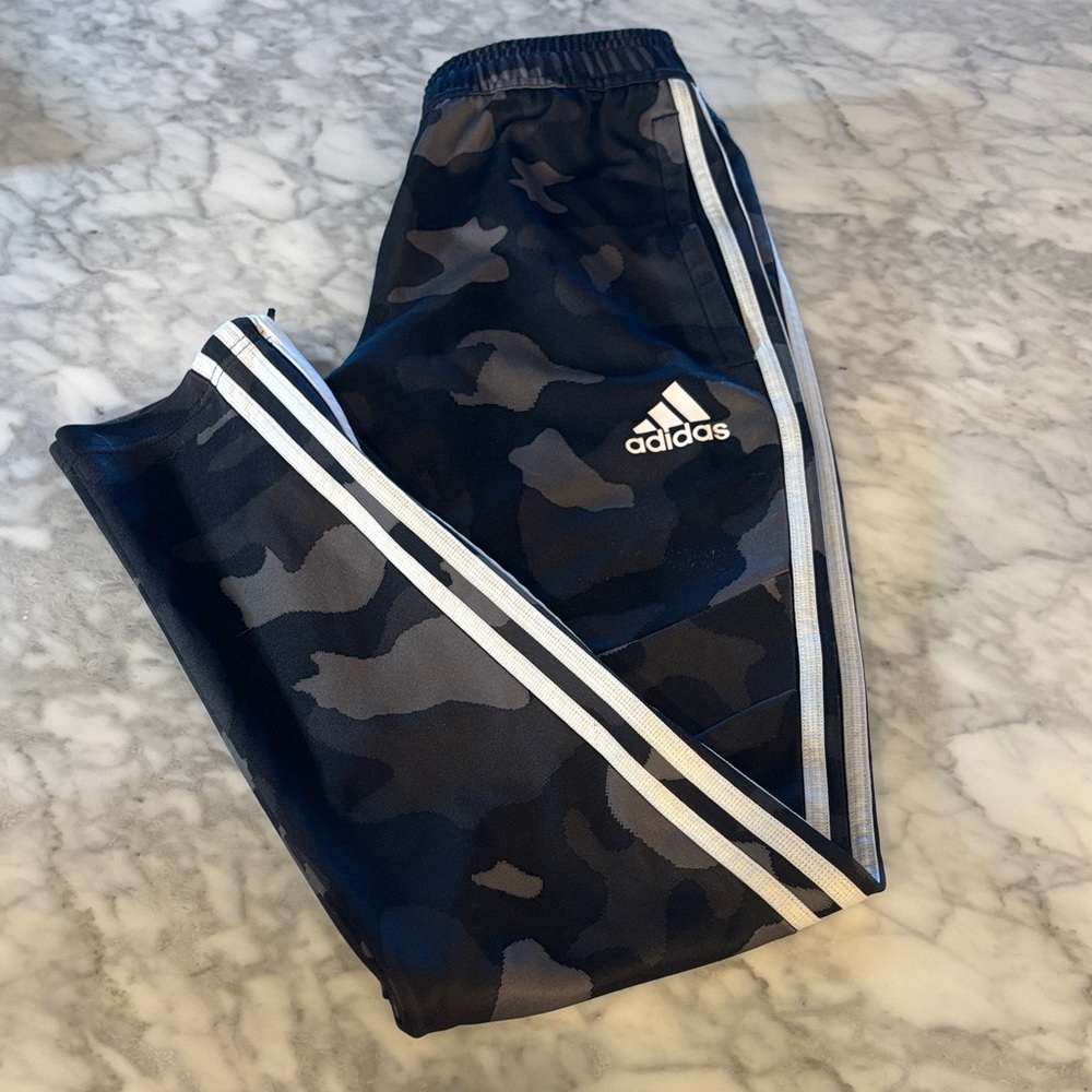 adidas Men's Black Camo Track Pants with White Stripes